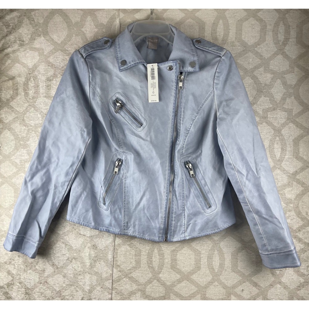 Chico's Faux Leather Moto Jacket Women 0 Small Blue Iris NWT Biker Zip Coat